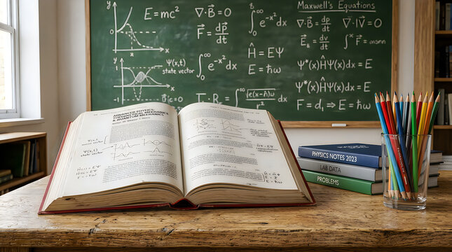 Open book on a wooden desk with colored pencils and a blackboard filled with physics equations