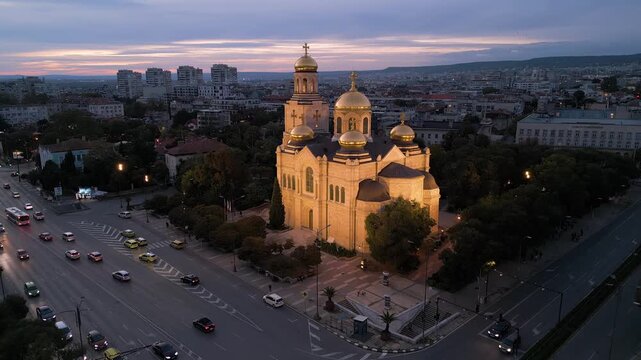 Dormition of the Theotokos Cathedral illuminated at twilight in Varna Bulgaria