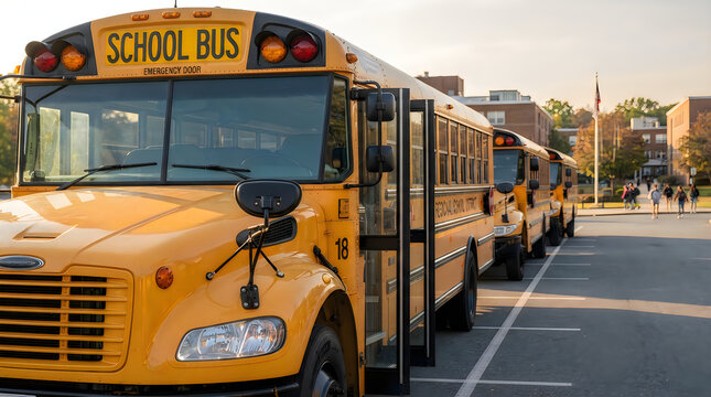 Yellow school bus parked at the side of the road near a school building with open doors for kids