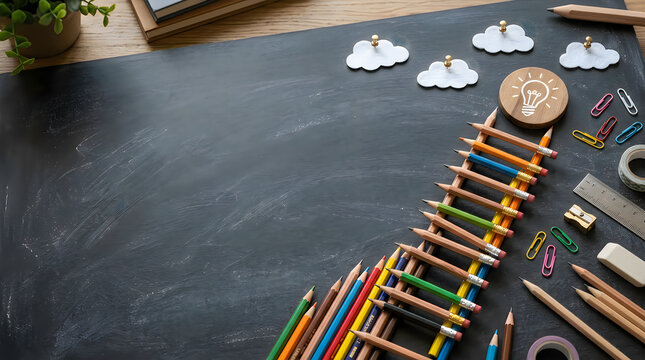Colorful pencils arranged like a ladder on a dark chalkboard with school supplies and paper clouds