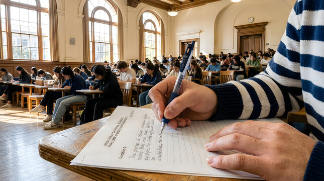 Student writing an exam in a crowded university classroom with many people at desks