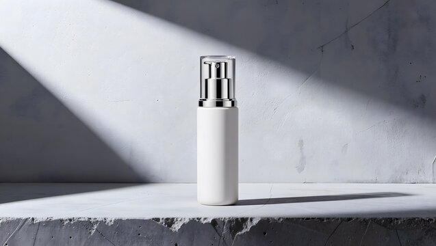 White cosmetic pump bottle with clear cap on concrete platform against textured gray wall with dramatic diagonal shadow, skincare mockup