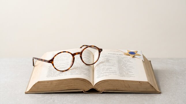 Open vocabulary book with eyeglasses and European Union bookmark. Language study and European integration concept.