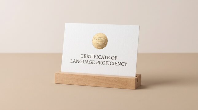 Certificate of language proficiency on a wooden stand. White card with gold globe seal. Concept for education and language learning success