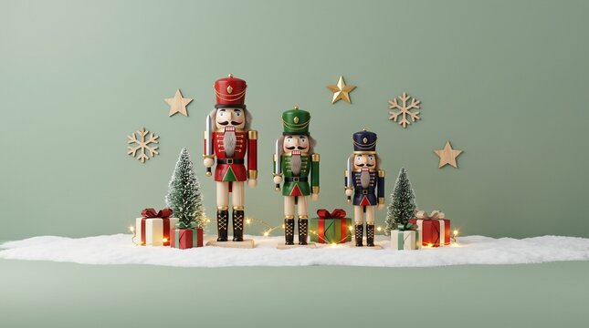 Festive Christmas display with wooden nutcracker figurines, gift boxes, and pine trees. Holiday background with copy space