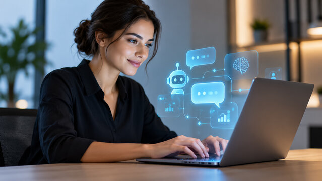 Businesswoman Working on Laptop with AI Chatbot Virtual Assistant Hologram in Modern Office. Concept of artificial intelligence, technology, office worker, digital assistant, smart assistant.
