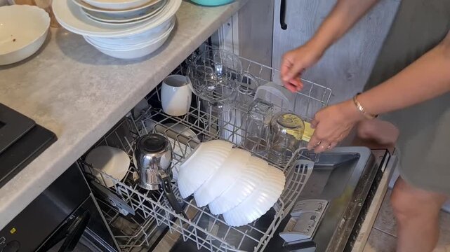 Woman loading dishes into an open dishwasher in a home kitchen during the day