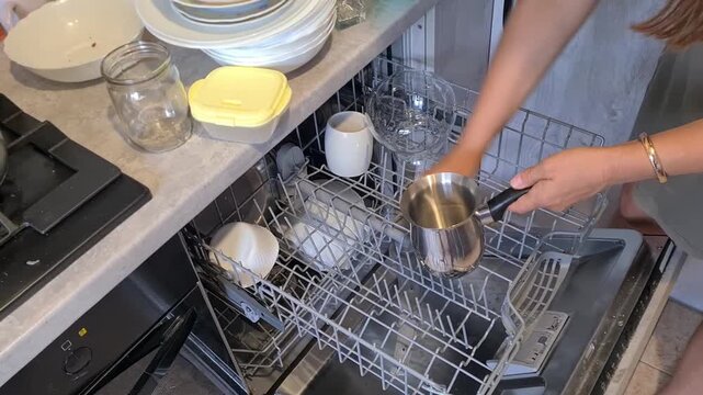 Person loads glass jars and kitchen dishes into an open dishwasher during a household chore