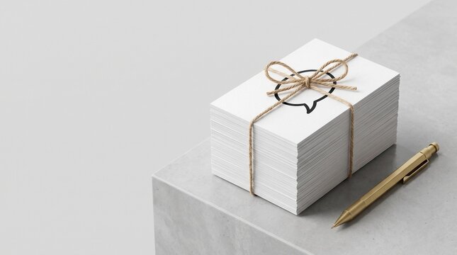Stack of business cards with speech bubble icon tied with string bow next to gold pen. Communication and feedback concept. Minimal identity mockup with copy space