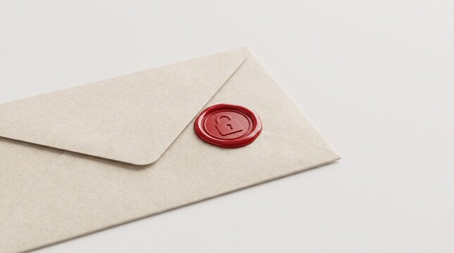 Craft paper envelope sealed with red wax lock stamp. Secure communication and data privacy concept. Confidential business letter with copy space