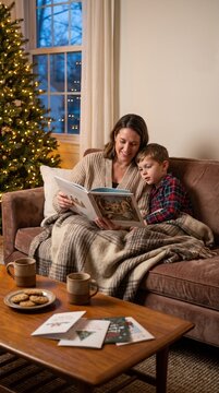 Vertical photo of mother and young son reading a storybook together on a couch. Cozy winter evening with decorated Christmas tree at home