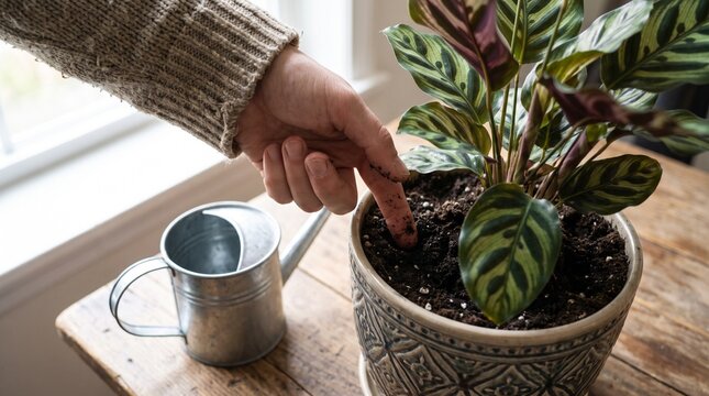 Person checking soil moisture of a potted houseplant with finger. Indoor plant care and gardening concept. Calathea in ceramic pot on wooden table