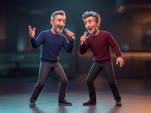 Joyful Stylized 3D Mature Men Singing Karaoke Duet with Microphones