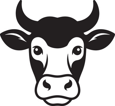 Black and white of a cow head, front-facing portrait of a bovine with horns and symmetrical facial markings also transparent background