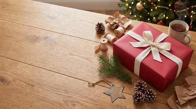 Red Christmas gift box with ribbon on wooden table with holiday decorations. Present wrapping scene with pine cones and tea. Copy space for text