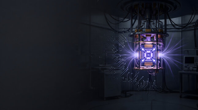 Quantum computer processor glowing with purple light inside cryogenic chamber with circuit lines on dark laboratory background with copy space