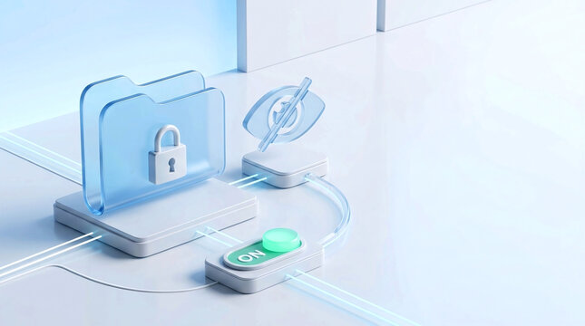 Managing personal user consent for data privacy in cybersecurity concept 3D illustration of secure digital folder and toggle switch in studio perspective