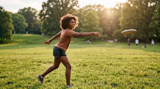 Vibrant Young Black Teenager Tossing Flying Disc in Sunlit Park Meadow