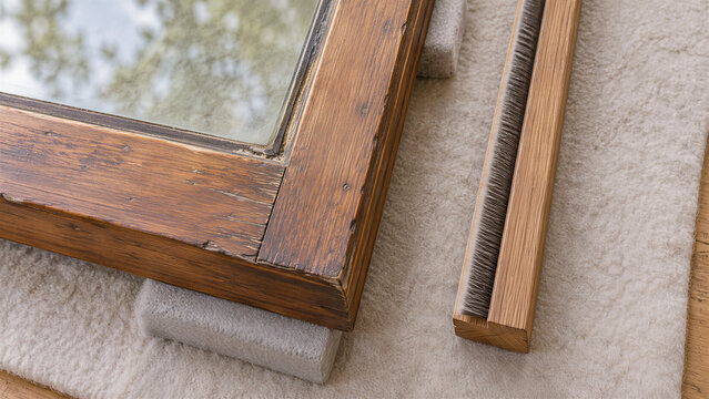 Retained timber sash corner and parallel prepared brush sealed bead resting on protective padding to show their relationship before draught proofing refitting