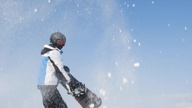 A snowboarder uses his snowboard to toss snow into the air and scatter it in different directions in slow motion. Extreme sports, winter action, snow effects, dynamic movement, mountain adventure.