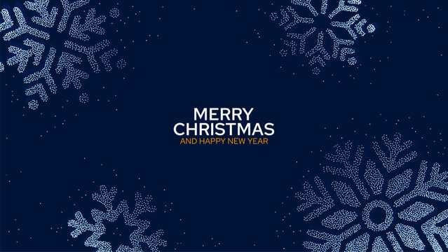 Merry Christmas and Happy New Year greeting with dotted snowflakes on navy blue background. Holiday card design. Seasonal celebration and winter greeting. Festive banner with copy space.
