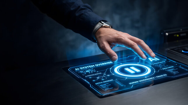 Hand reaching to press glowing pause button on AI system override control panel, human oversight and AI governance concept