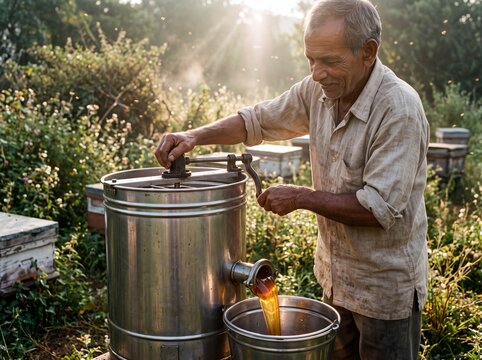 Senior Indian Beekeeper Extracting Fresh Raw Golden Honey in Morning Sun