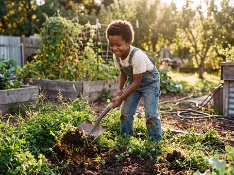 Young Boy Turning Green Manure into Garden Soil at Golden Sunset