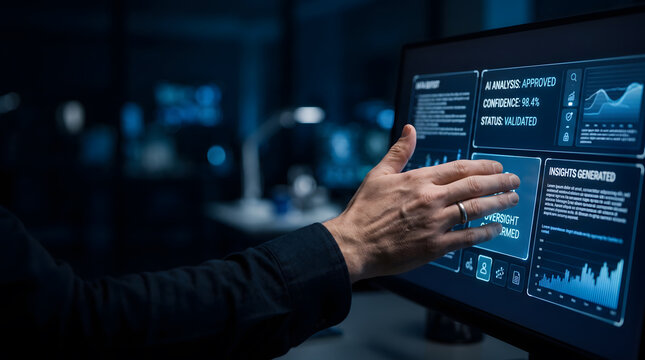 Hand touching futuristic screen showing AI analysis approved with confidence score and data charts, human oversight and validation concept