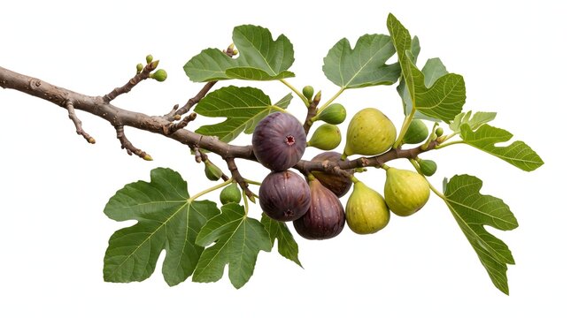 Fresh fig tree branch with purple and green fruits isolated on white background