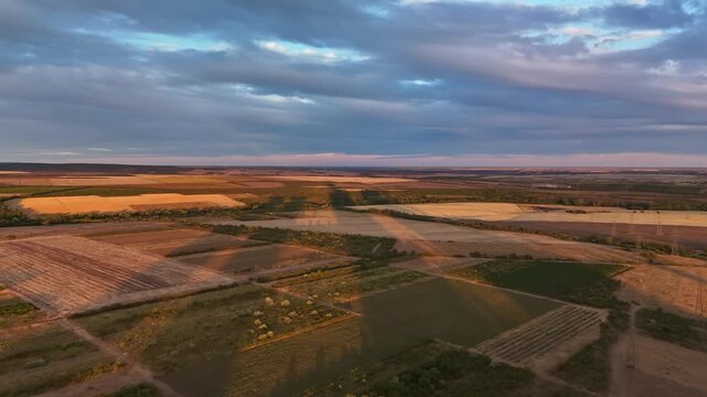 Aerial view of patchwork agricultural fields, harvested plots and crop rows near Visonta, Hungary, lit by long evening shadows beneath a dramatic summer cloudscape.