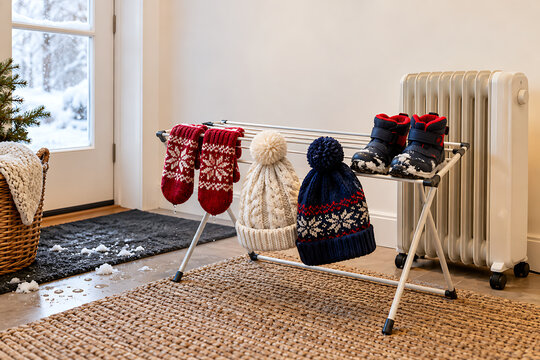 Wet Mittens And Snow Boots Drying In Bright Entrance After Play