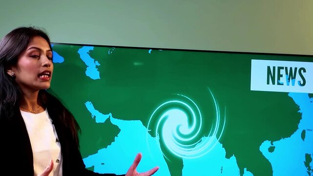 Indian female news reporter presenting a cyclone weather report beside a large LED TV displaying a map of India with cyclone formation and storm tracking graphics.