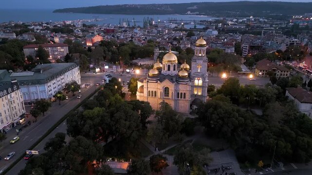 Dormition of the Theotokos Cathedral illuminated at twilight in Varna Bulgaria