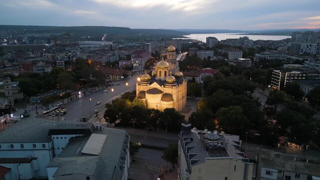 Dormition of the Theotokos Cathedral illuminated at twilight in Varna Bulgaria