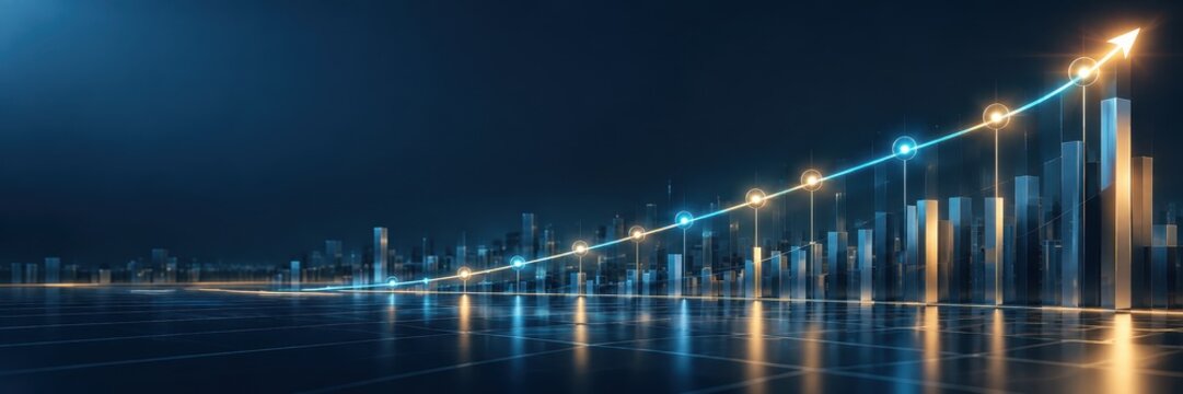 glowing upward arrow and rising bars stretch across dark blue financial chart. business growth and investment concept, banner and website header with copy space.
