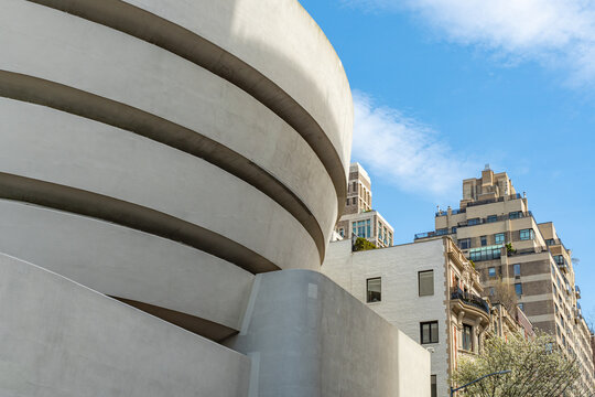 New York, NY, US-April 12, 2026: The front entrance of the iconic Solomon R. Guggenheim Museum on Fifth Avenue on the Upper East Side of New York, designed by the architect Frank Lloyd Wright.