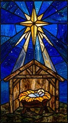 Plakat stained glass nativity scene with baby jesus in manger under bright star at night, christian christmas concept