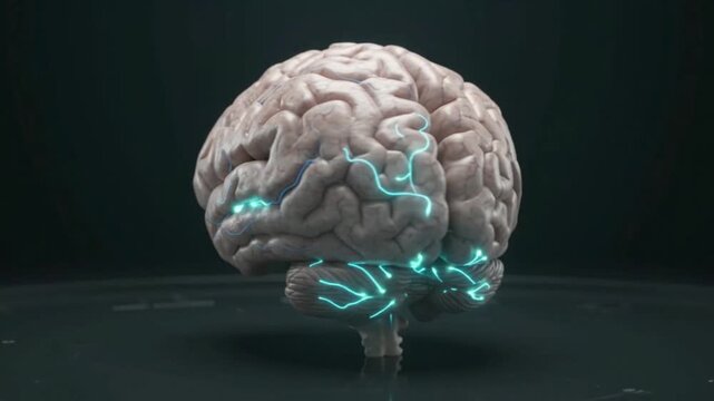 Human brain glowing neural pathways intricate detailed 3d animation.