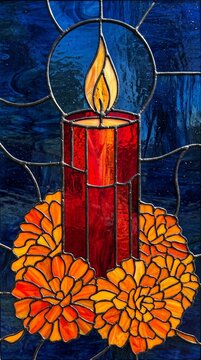 stained glass window featuring red candle surrounded by bright orange marigold flowers with deep blue background symbolizing remembrance and light