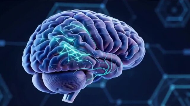 Human brain glowing neural pathways intricate detailed 3d animation.