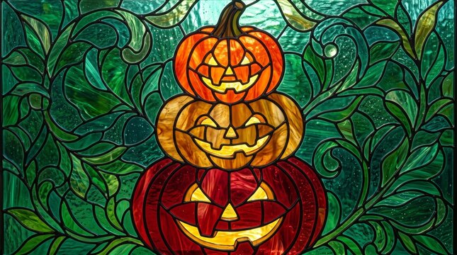 halloween stained glass window with glowing jack-o-lantern pumpkins stacked and green foliage background