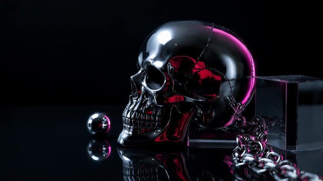 Chrome skull with chain and glass block on reflective black surface. Halloween horror and macabre concept. Gothic dark art. Metallic still life with magenta accents.