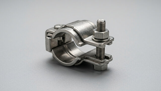 Stainless steel pipe clamp fastener with bolt and nut for industrial plumbing and automotive connection on gray background