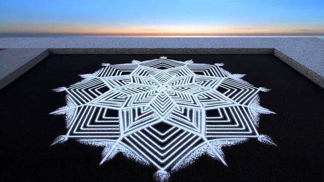 White geometric star pattern enlarges across black surface within gray borders beneath blue and orange sky, revealing intricate nested lines and radial symmetry from an angled viewpoint