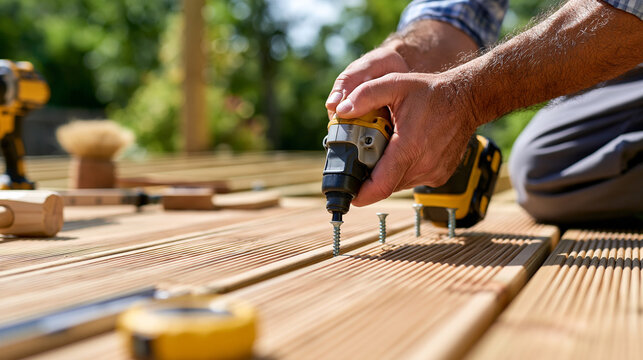 Close-up of hands securing a wooden deck joist with structural screws using a cordless impact driver, clean timber framing and measuring tools visible, realistic carpentry detail,