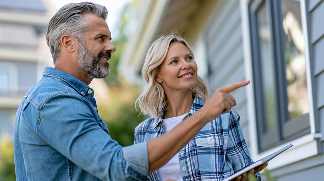 Real estate buyer inspecting a house exterior alongside a qualified property inspector, both checking siding, windows and drainage features, suburban setting with soft daylight,