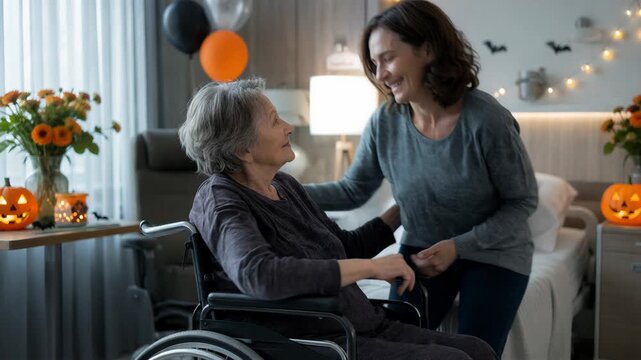 Older woman and caregiver embrace in a hospice room decorated for Halloween. Halloween at the hospice. Compassionate caregiving and emotional support. Patient wellbeing and human connection.