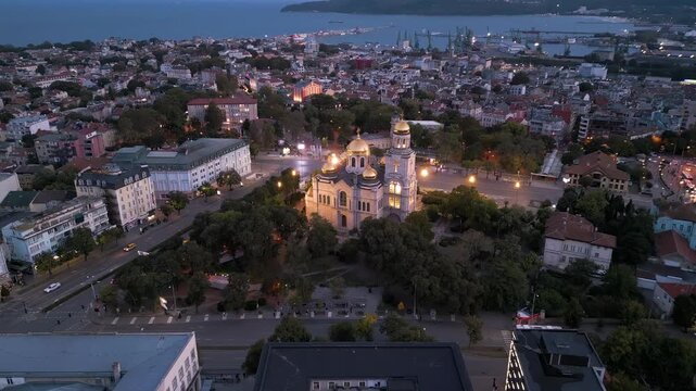 Dormition of the Theotokos Cathedral illuminated at twilight in Varna Bulgaria
