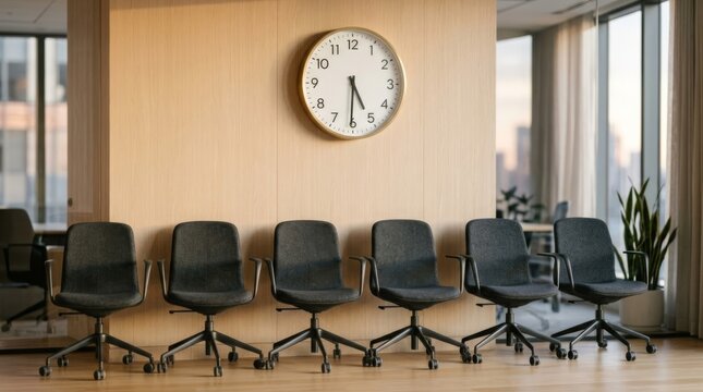 Modern office waiting area with a wall clock showing five thirty above a row of empty charcoal fabric chairs in a professional corporate environment, reflecting productivity and deadlines.